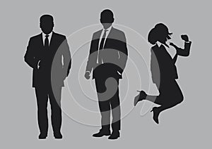 Business people group silhouettes pose on grey colour background, flat line vector and illustration.