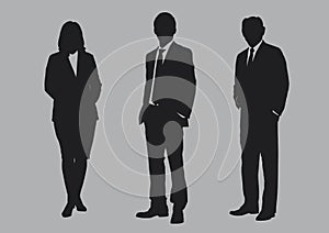 Business people group silhouettes pose on grey colour background, flat line vector and illustration.