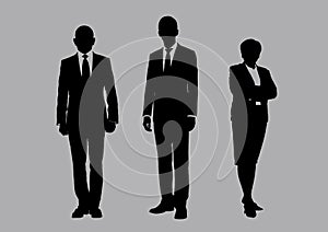 Business people group silhouettes pose on grey colour background, flat line vector and illustration.