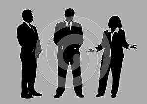 Business people group silhouettes pose on grey colour background, flat line vector and illustration.