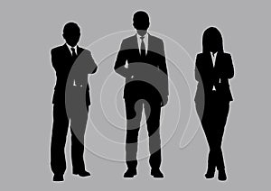 Business people group silhouettes pose on grey colour background, flat line vector and illustration.