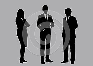 Business people group silhouettes pose on grey colour background, flat line vector and illustration.