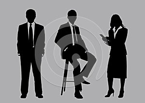 Business people group silhouettes pose on grey colour background, flat line vector and illustration.