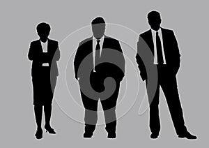 Business people group silhouettes pose on grey colour background, flat line vector and illustration.