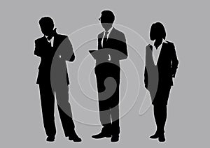 Business people group silhouettes pose on grey colour background, flat line vector and illustration.