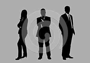 Business people group silhouettes pose on grey colour background, flat line vector and illustration.