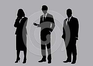 Business people group silhouettes pose on grey colour background, flat line vector and illustration.