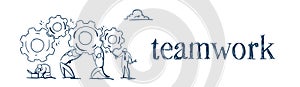 Business people group twisting gear wheel working together process strategy concept sketch doodle banner