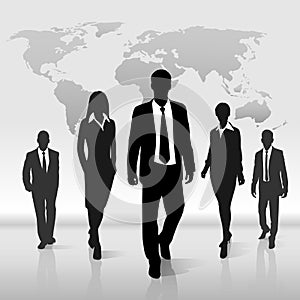 Business people group walk silhouette over world