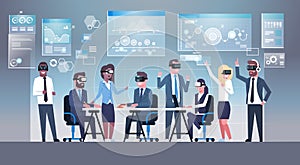 Business People Group Wearing Vr Headset During Brainstorming, Team In 3d Glasses On Meeting Virtual Reality Technology