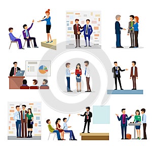 Business people groups presentation to investors conferense teamwork meeting characters interview vector illustration. photo
