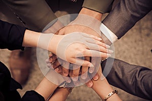 Business people Hands Assemble Corporate in Meeting and Teamwork concept. Group of teamwork and cooperation theme. together