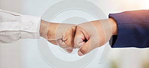 Business people, hands and fist bump in teamwork agreement for good job, winning or success at office. Employees