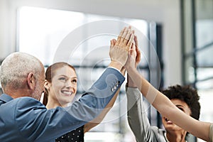 Business people, hands and high five in meeting for teamwork, trust or collaboration together at office. Happy group