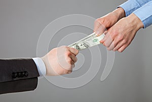 Business people hands pulling money