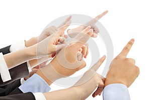 Business people hands showing the same direction