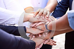 Business, people and hands in stack outside for support, group and team building together for trust and collaboration