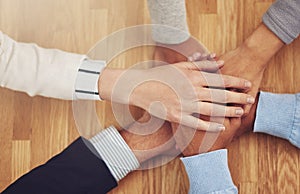 Business people, hands and stack for teamwork partnership or startup support, trust or solidarity, Colleagues, pile and