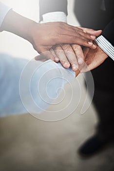 Business people, hands and stack for teamwork unity or partnership support, trust or solidarity, Colleagues, fingers and