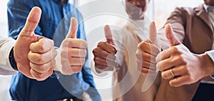 Business people, hands and thumbs up for success, good job or thank you in team agreement at office. Hand of group in