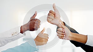 Business people, hands and thumbs up in teamwork success, good job or agreement at the office. Hand of group showing