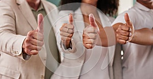 Business people, hands and thumbs up for winning, agreement or good job at the office. Group of employee workers showing