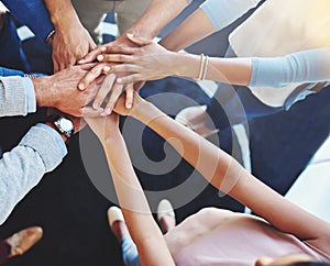 Business people, hands together and office worker group with support, motivation and solidarity gesture. Above, hand in