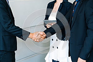 Business people handshake agreement in office. uds