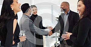 Business people, handshake and meeting for b2b, partnership or introduction together at office. Businessman shaking