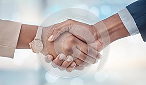 Business people, handshake and partnership for b2b, meeting or agreement at office. Employee shaking hands with