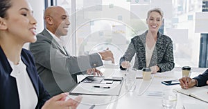 Business people, handshake and success in meeting for clients agreement, signature and contract at law firm