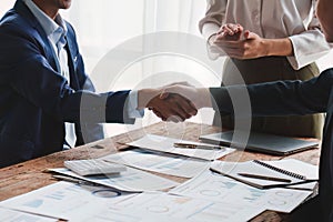 Business people handshake. Successful businessmen handshaking after good deal. Finishing up meeting concept