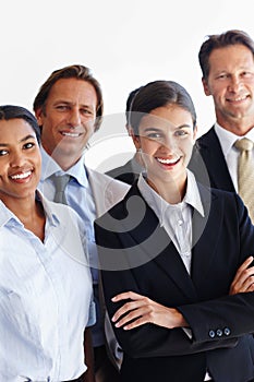 Business people, happy and legal team by white background, diversity and pride for career. Corporate, face and lawyer in