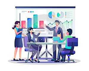 Business people have board meetings and presentations. analysis, marketing, and strategy concept. Flat vector illustration