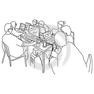 Business people having board meeting with laptop on table vector illustration sketch doodle hand drawn with black lines isolated
