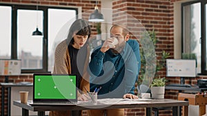 Business people having horizontal green screen on laptop