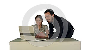Business people Having Meeting Around Table with laptop on white background isolated