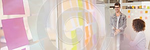 Business people having a meeting with colorful sticky notes transition effect