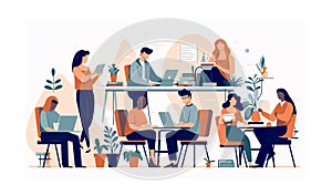 Business people having a meeting, people collaborating and sharing ideas, sitting around big meeting desk. Vector flat style