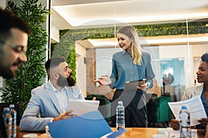 Business people having a meeting or presentation and seminar in the office.