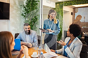 Business people having a meeting or presentation and seminar in the office.