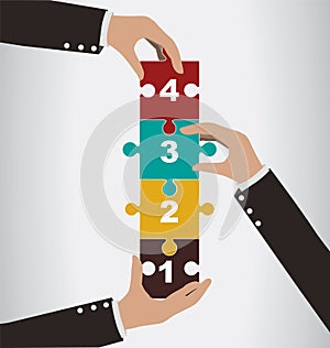 Business people help to assembly vertical puzzle, teamwork concept