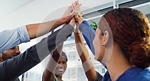 Business people, high five and group for success in office, team building and success for goals. Staff, company win and