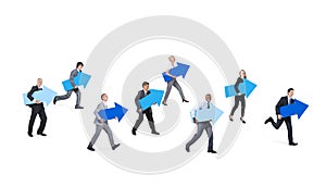 Business People Holding Blue Arrow Signs