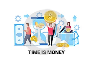 Business people holding dollar coin banknote save time money saving concept growth wealth successful teamwork cartoon