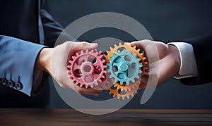 Business People holding Gears and Teamwork Concept, Business team connect pieces of gears. Teamwork, partnership and integration c