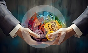 Business People holding Gears and Teamwork Concept, Business team connect pieces of gears. Teamwork, partnership and integration c