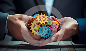 Business People holding Gears and Teamwork Concept, Business team connect pieces of gears. Teamwork, partnership and integration c