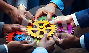 Business People holding Gears and Teamwork Concept, Business team connect pieces of gears. Teamwork, partnership and integration c