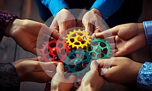 Business People holding Gears and Teamwork Concept, Business team connect pieces of gears. Teamwork, partnership and integration c